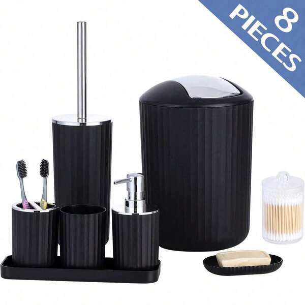 8-teiliges Badezimmer Accessoire Set aus Kunststoff als Geschenkset mit Zahnbürstenhalter, Mundspülbecher, Seifenschale, Seifenspender, Toilettenbürste, Mülleimer, Wattestäbchenhalter, Tablett, ideal als Geschenk zu Geburtstag, Feiertagen, Einzug (Schwarz, Grau)