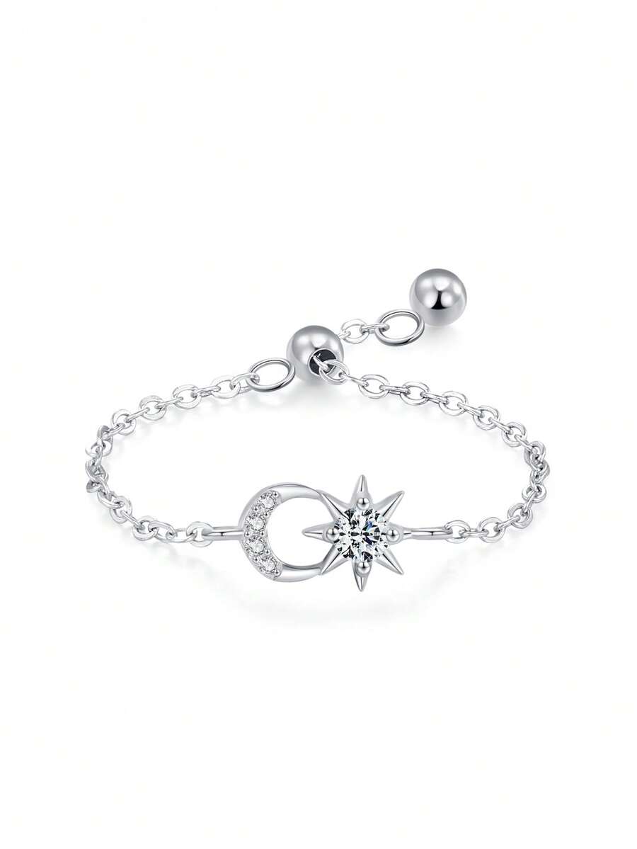 1件装 925纯银日月相逢吊坠可调节链环，适合女性度假和约会佩戴 - 銀色 - 查看 1