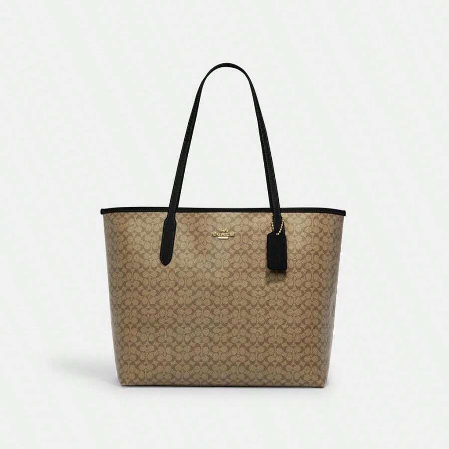 Bolso de mano tipo City de lona con estampado de firma de Coach en outlet - dorado/caqui/negro - Ver 1