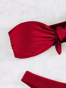 Nuovo set bikini elegante e sexy di colore unito, costume da bagno da donna senza spalline con fiocco, adatto per la spiaggia e le vacanze estive