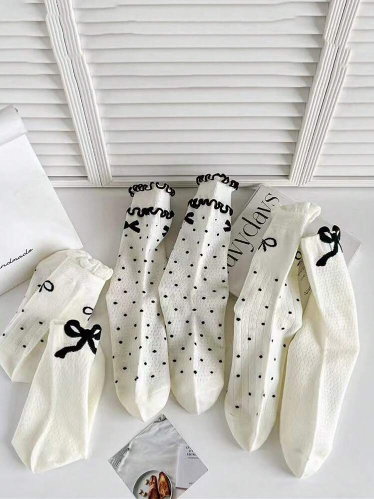 4 đôi tất nơ giao hàng ngẫu nhiên cho bé gái, tất dài đến giữa bắp chân thấm hút mồ hôi màu đen và trắng phong cách phù hợp cho mọi hoạt động, mùa xuân và mùa hè, mùa thu - Nhiều màu - Xem 5