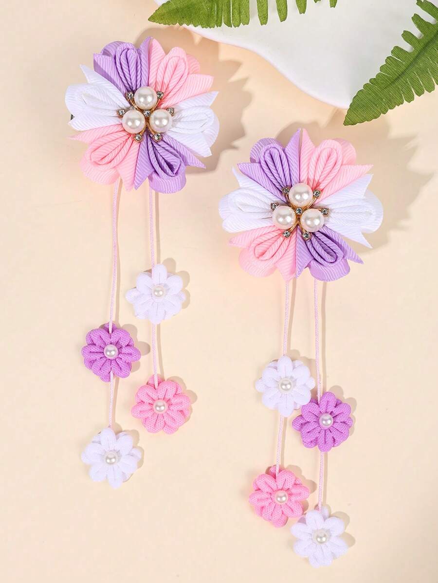 2 piezas Pinzas para el cabello con flores para niñas, decoración de flores y perlas falsas en pinzas para el cabello, accesorios lindos para el cabello de adolescentes - Morado - Ver 1