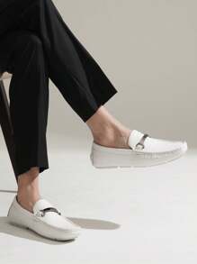 SHOESMALL Men's Metal Decor White Casual Loafers Crocodile Printed Slip On Shoes  Penny Leisure Round Toe Flat Shoes For Outdoor Manfinity Unisex - AMY3044A-白色 - 查看 6