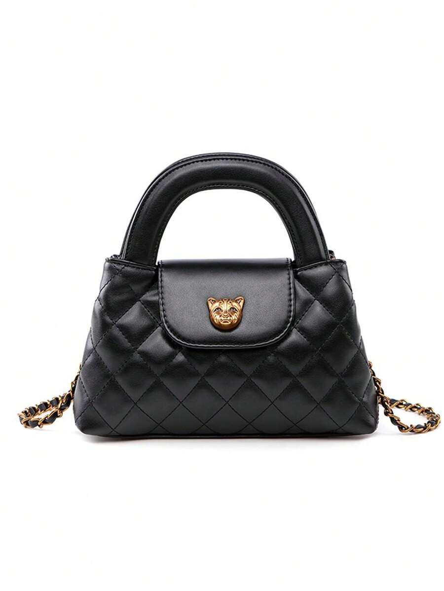 Nueva bolsa pequeña cuadrada de mano, bandolera y de hombro versátil y elegante con cadena acolchada y remallada, ideal para uso diario y citas - Negro - Ver 1