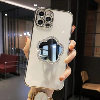 Luxury Diamond Holder Folding Mirror Mobile Bracket Makeup Mirror Electroplating Color New Style Mirror Mobile Phone Case Back Mobile Bracket Accessory Compatible With IPhone, Android Phone, Gift For Birthday, Family, Friends Push-Pull Phone Grip, Phone Holder, Phone Accessories