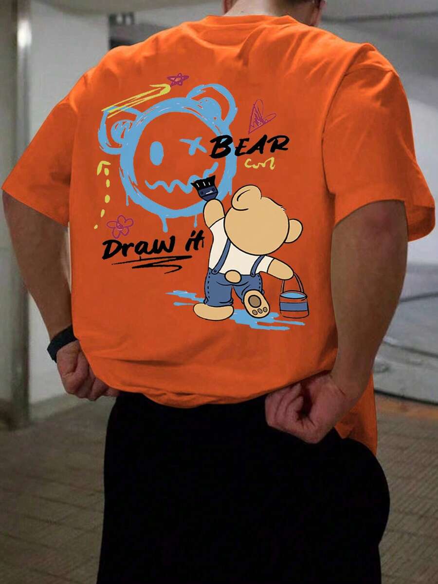 MURAMASA Men Cartoon Letter Print Drop Shoulder T-Shirt - Orange - View 1