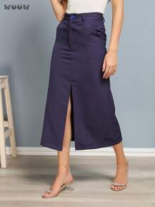 WUUW Saia Longa feminina Com Cintura Alta De Cor Sólida Para,saia longo de corte  em linha A,Vestido de verão versátil para lazer - Azul Marinho - Visão 5