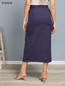 WUUW Saia Longa feminina Com Cintura Alta De Cor Sólida Para,saia longo de corte  em linha A,Vestido de verão versátil para lazer - Azul Marinho - Visão 3