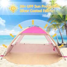 [1pc] Beach Tent Sun Shelter For 3/4-5/6-7/8-10 Person, UPF 50+ UV Protection Beach Canopy, Lightweight And Easy Setup Cabana, Portable Beach Shade Tent - 粉色 - 查看 6