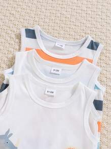 寶寶男孩春季無袖三件套裝，可愛動物印花 - 白色 - 查看 3