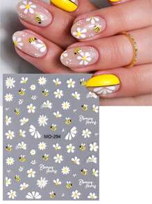 2張漫畫蜜蜂雛菊夏季指甲藝術貼紙膠水式白花瓣花卉可愛蜜蜂混合設計3D自粘指甲貼紙DIY裝飾沙龍美甲配件 - 彩色 - 查看 4