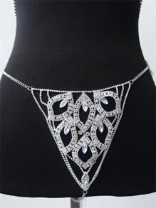 Rhinestone Geometric Hollow Out Bra And Thong With Body Chain Set - Silver - View 10