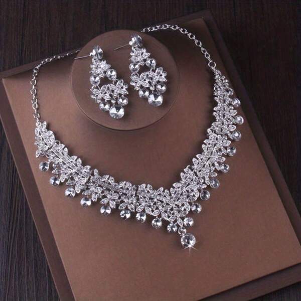 Conjunto de tiara de coroa de noiva de alta qualidade com corrente, novo grande conjunto de três peças Barroco de coroa de rainha, com vestido de casamento colar e brincos. Presente de Natal, Halloween e Dia de Ação de Graças.