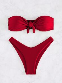 Nuovo set bikini elegante e sexy di colore unito, costume da bagno da donna senza spalline con fiocco, adatto per la spiaggia e le vacanze estive