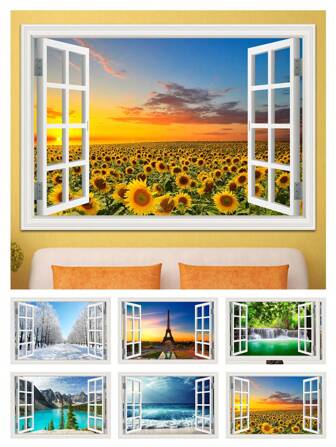 2 Pcs Self-Adhesive Beach Lake Wall Sticker Removable 3D Snowlandscape Waterfall Sunflower Print Wallpaper Peel And Stick For Bedroom Kitchen Decor Aesthetic, Stickers, Wall Decal, Vinyl Decal For Home Decorations, Spring Decoration Items Refresh Your Home, Festival Decoration Stickers Gifts Birthday Graduation