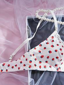 Women's Strawberry Print Lace Patchwork Fashion Bra - White - View 4