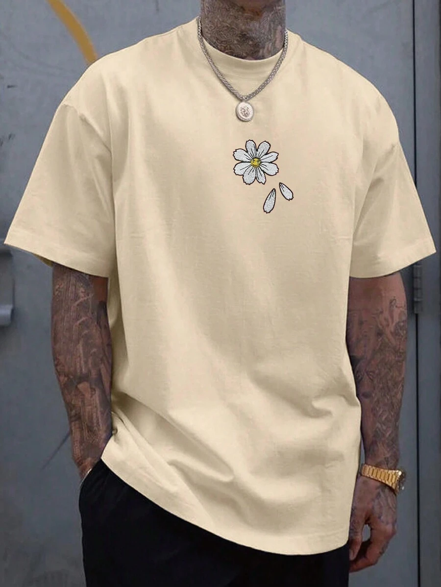 Men's Floral Embroidery Drop Shoulder T-Shirt - Apricot - View 1