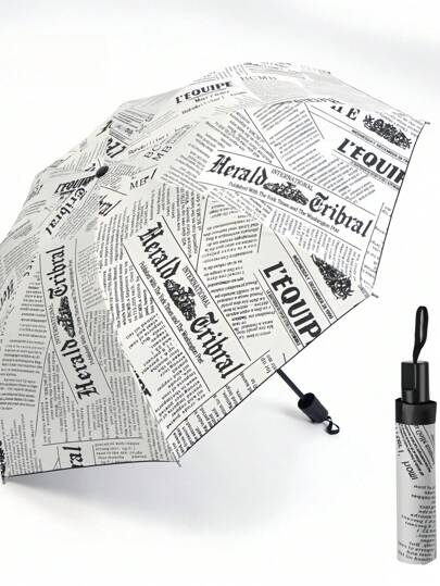 1pc Newspaper Pattern Black Coated Vinyl Manual Folding Sun/Rain Umbrella In Color Summer Cooling,Beach,Travel