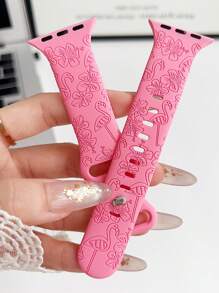 1pc Soft And Comfortable Silicone Watch Band With Carved Flamingo And Flower Design, Compatible With Apple Watch, Replacement Sport Wrist Strap Compatible With Apple Watch Series Ultra 2 SE 9 8 7 SE 6 5 4 3 2 1, Size 38mm 40mm 41mm 42mm 44mm 45mm 49mm Valentines