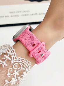 1pc Soft And Comfortable Silicone Watch Band With Carved Flamingo And Flower Design, Compatible With Apple Watch, Replacement Sport Wrist Strap Compatible With Apple Watch Series Ultra 2 SE 9 8 7 SE 6 5 4 3 2 1, Size 38mm 40mm 41mm 42mm 44mm 45mm 49mm Valentines