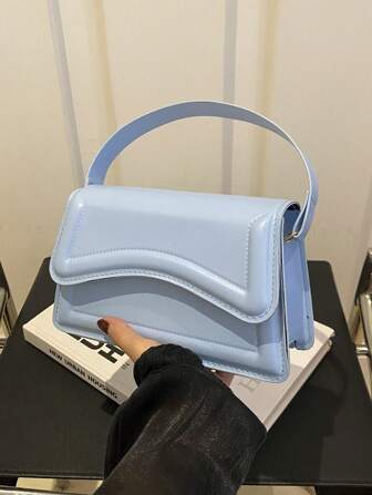 新款藍色純色PU皮迷你方形手提包，簡約時尚的外出包，時髦百搭的手袋