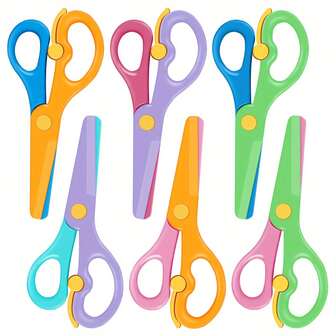 6 件彩色易剪安全剪刀、学生 DIY 剪纸、学校用品、趣味剪纸设计安全剪刀 - 学龄前儿童教育纸艺套装、双面彩色纸材料（剪刀颜色随机）