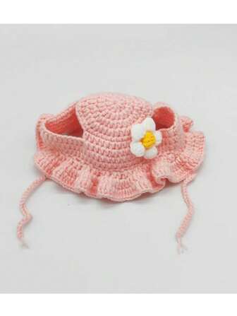 1入手工編織小花圖案寵物帽，適用於小型和中型狗狗或貓咪