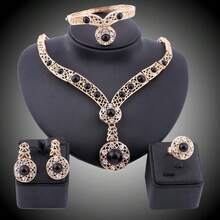 1 chiếc Bông tai vòng cổ tròn pha lê màu ngọc lam mạ vàng cổ điển Bộ trang sức nhẫn, thích hợp cho quà tặng tiệc cưới hàng ngày của phụ nữ - bộ 4 món - Xem 13