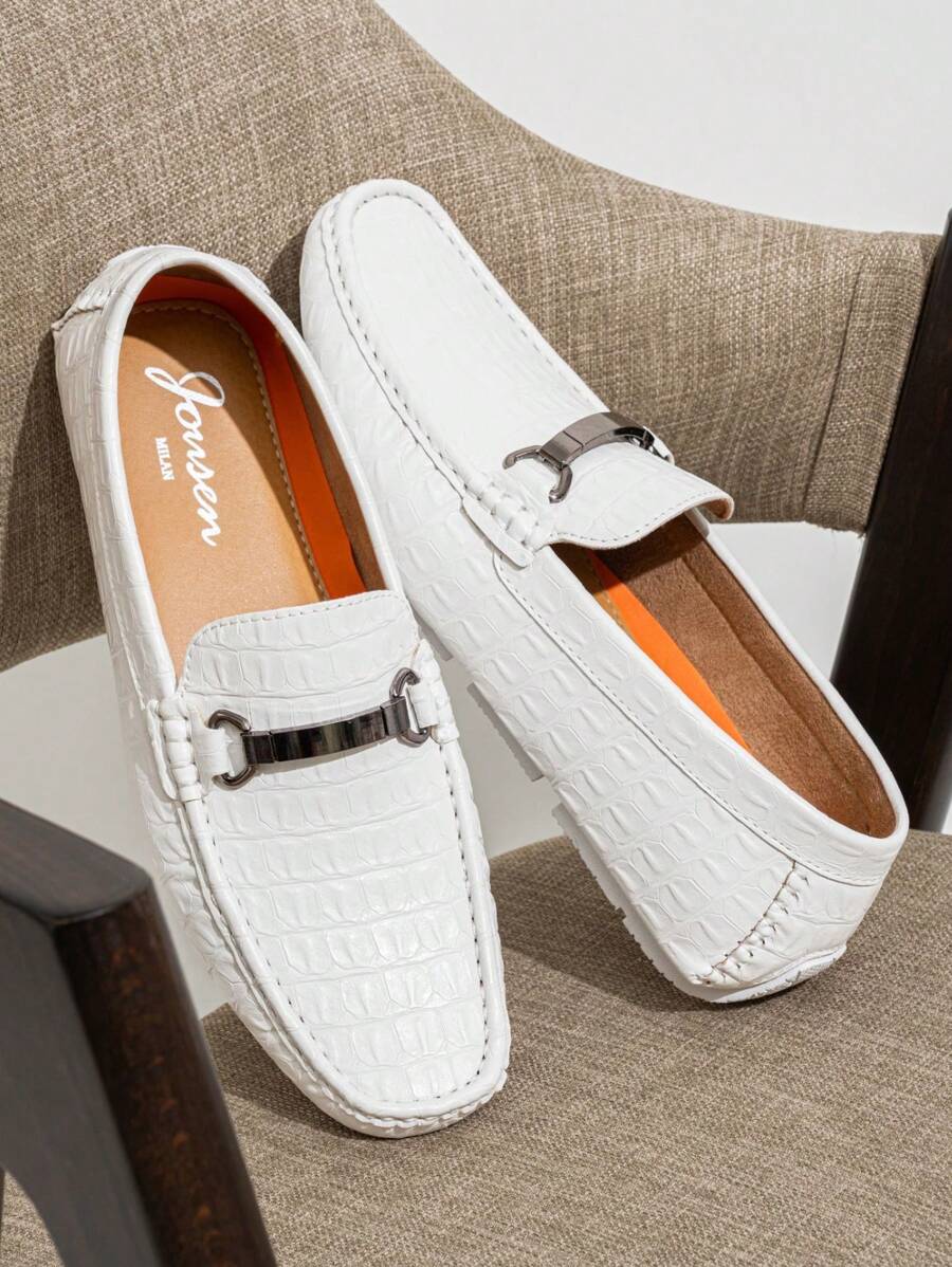 SHOESMALL Men's Metal Decor White Casual Loafers Crocodile Printed Slip On Shoes  Penny Leisure Round Toe Flat Shoes For Outdoor Manfinity Unisex - AMY3044A-白色 - 查看 1