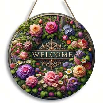 1 件，花朵欢迎标志，圆形木制标志，中心装饰有华丽的花环，母亲节祝福，夏季标志，农舍墙壁装饰，门廊装饰，送给女士的完美礼物，人造木质材料。，家居装饰，房间装饰，墙壁装饰