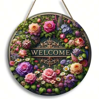 1 Piece, Flower Welcome Sign, Round Wooden Sign, Center Decoration With Luxuriant Flower Garland, Mother's Day Blessing, Summer Sign, Farmhouse Wall Decoration, Porch Decoration, Perfect Gift For Ladies, Artificial Wood Materials.,Home Decor ,Room Decor,Wall Decor Gifts Birthday Graduation