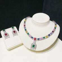 Bộ trang sức nữ, bao gồm bộ vòng cổ và bông tai đá quý nhiều màu sắc, mạ đồng đá AAA Zirconia, thời trang và sang trọng, thích hợp cho các dịp trang trọng, đám cưới và tiệc tối, bao gồm dây chuyền và hoa tai có mặt dây chuyền tua rua. - bộ đồ - Xem 9