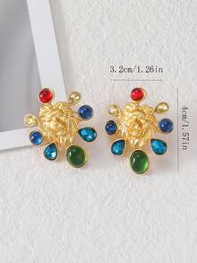 1個復古獅頭釦耳環，甜美與酷帥兼備，鑲嵌有色琉璃，古董風格，時尚設計耳環 - 金色 - 查看 4