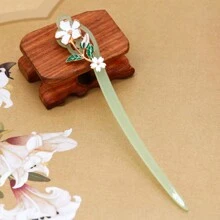 波西米亞風格1入綠色中式蘭花發夾，漢服髮簪女士日常佩戴花冠 - 綠色 - 查看 8