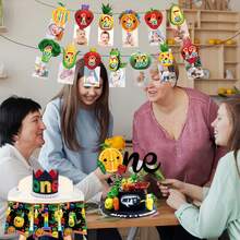 水果主題生日派對裝飾，跳舞水果生日派對裝飾橫幅蛋糕杯頂帽高腳椅裝飾橫幅生日皇冠水果生日派對裝飾適用於男孩和女孩 - 黑色 - 查看 5