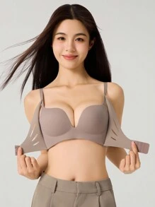 棕色前扣无钢圈加垫聚拢文胸，适合平胸女性 - 棕色 - 查看 3