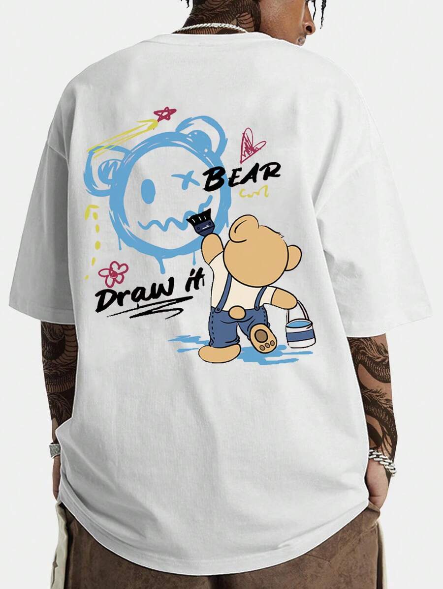 MURAMASA Men Cartoon Letter Print Drop Shoulder T-Shirt - 白色 - 查看 1