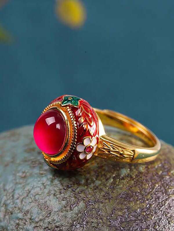 1pc Vintage Style Gold-Plated Thai National Enamel Craft Inlaid Ruby Ring, Suitable For Women's Daily Wear