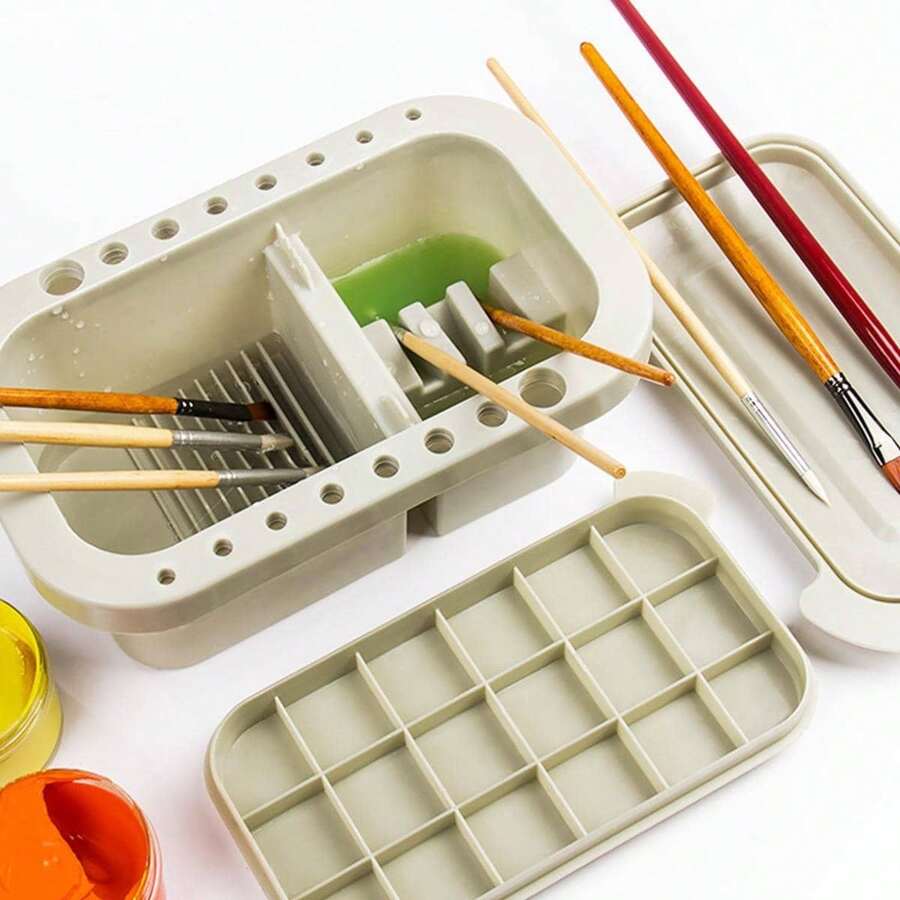 1pc 3 trong 1 Đa chức năng Máy rửa bút Xô, Máy rửa bút nghệ thuật cho học sinh, Xô rửa bút 3 mảnh vẽ tranh màu nước, Có thể làm khô bút và rửa bút, Thiết kế lỗ cắm bút lớn và nhỏ, Bảng màu 15/18 có thể điều chỉnh, Máy rửa bút đa chức năng 3 trong 1, Đồ dùng học sinh, Đồ dùng nghệ thuật - Màu Xám nhạt - Xem 1