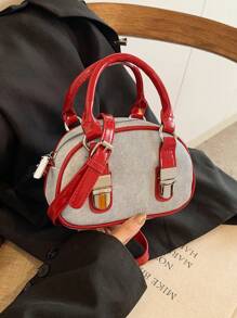 Color Block Handbag, Popular New Splicing Shoulder Bag, Commuter Crossbody Bag - Red - View 6