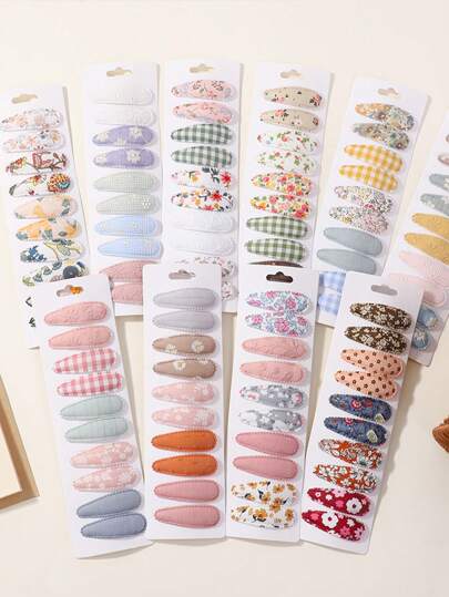 20pcs/Set Cute Printed Fabric BB Hair Clips With Floral Patterns, Grids And Embroidery For Children