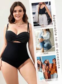 1件女性加大尺寸開胸雕花控制肚皮提臀收腹塑身連體衣，適用於塑形下半身