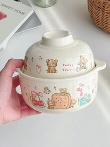 1入組可愛熊餅幹陶瓷杯/麵碗，手繪奶油風早餐牛奶/咖啡杯情侶杯/沙拉甜點碗 - 彩色 - 查看 5