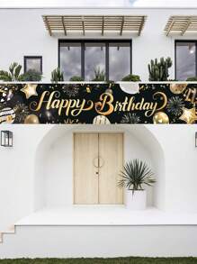 1入40*200cm黑金氣球花紋生日聚餐聚會用聚酯布橫幅，攝影背景布裝飾，戶外圍欄裝飾