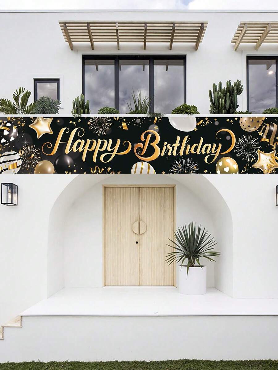 1入40*200cm黑金氣球花紋生日聚餐聚會用聚酯布橫幅，攝影背景布裝飾，戶外圍欄裝飾