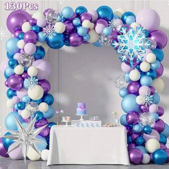 130Pcs/Set Frozen Balloon Arch Garland Kit, Blue Purple White Balloon With Snowflake Explosive Star Foil Balloon For Winter Wonderland Frozen Birthday Party Decorations, Christmas