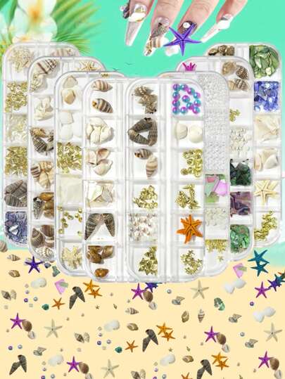 12 cajas de accesorios de arte de uñas con temática de tormenta oceánica, con estrellas de mar naturales, escamas de conchas marinas, escamas de abulón, para decoración de uñas, arte de uñas, adecuado para mujeres y niñas, se puede usar como manualidades y suministros para fiestas
