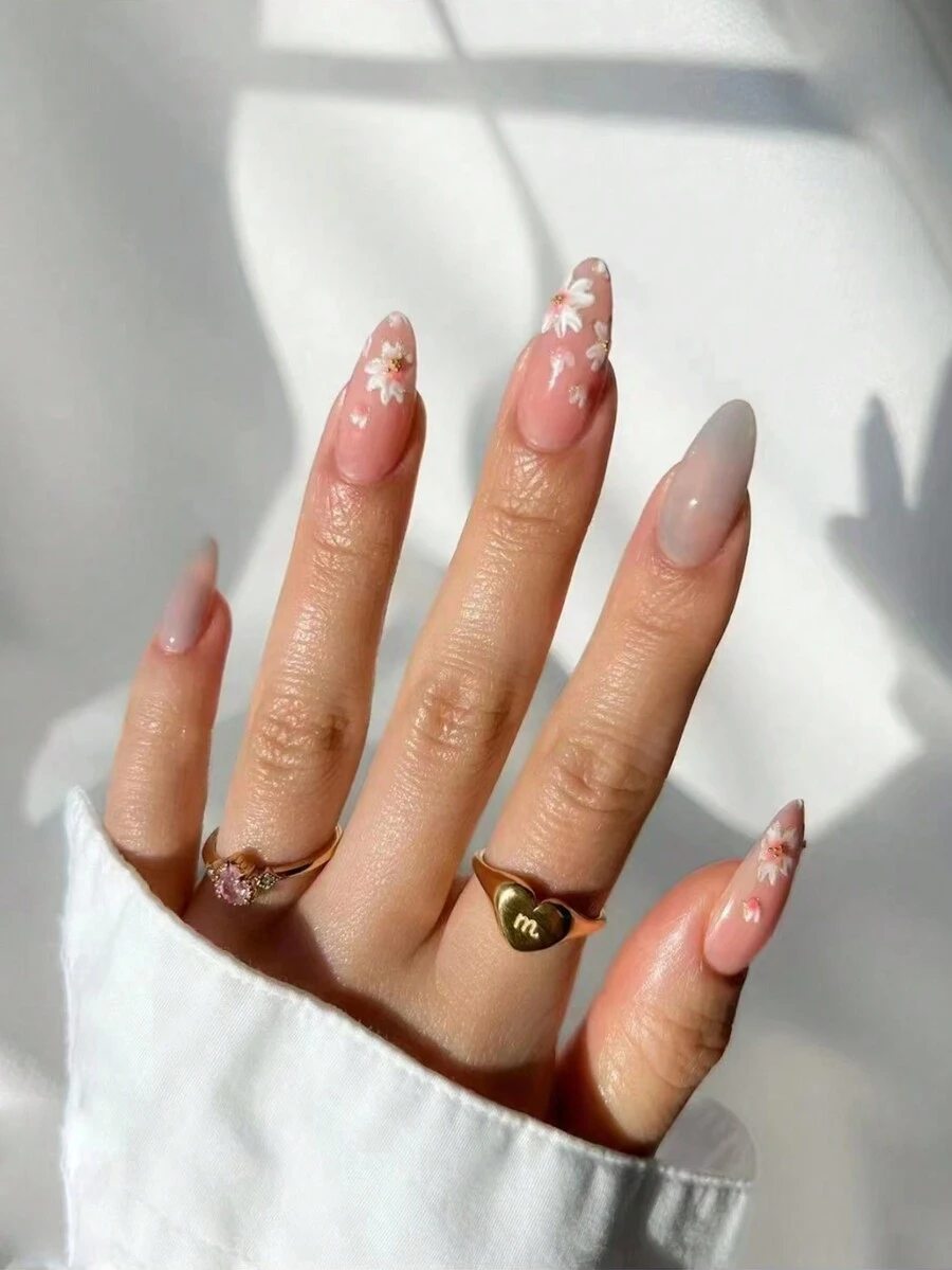 24 Chiếc Lấp Lánh Dài Hạnh Nhân Hình Hoa Nhiều Màu Sắc Móng Tay Nghệ Thuật Dán Cho Phụ Nữ Hàng Ngày, Mùa Xuân Và Mùa Hè - Nhiều màu - Xem 1