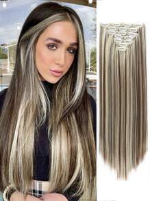 20, 24, 28, 32 Inch Intermediate Color Hair Extensions Seven-Piece Set 16 Cal High Temperature Silk Chemical Fiber Long Straight Hair To Increase Hair Volume, Fluffy And Natural Invisible - Piano Color - View 1