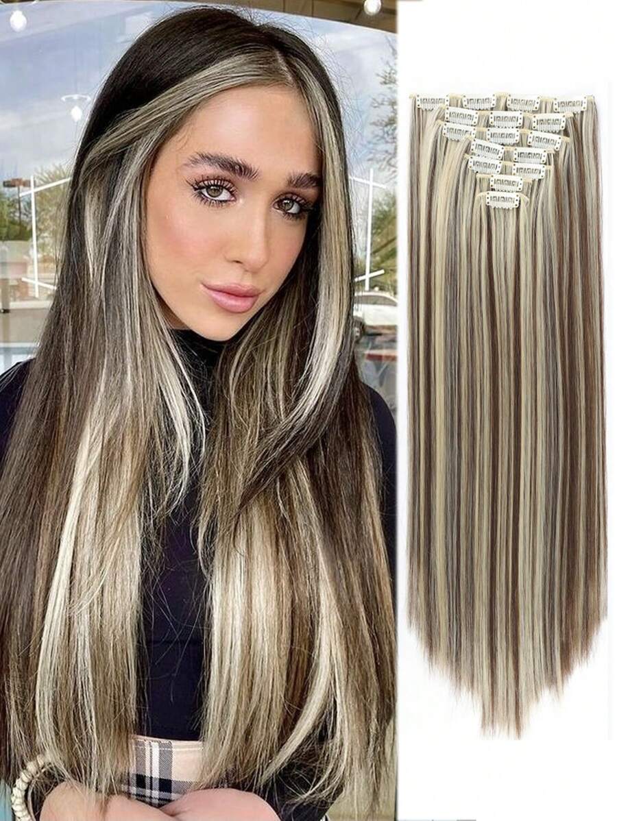 20, 24, 28, 32 Inch Intermediate Color Hair Extensions Seven-Piece Set 16 Cal High Temperature Silk Chemical Fiber Long Straight Hair To Increase Hair Volume, Fluffy And Natural Invisible - Piano Color - View 1